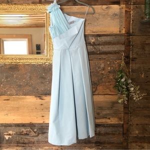 PREEN BY THORNTON BREGAZZI Aqua Blue Gown size small one sleeve ruffles designer